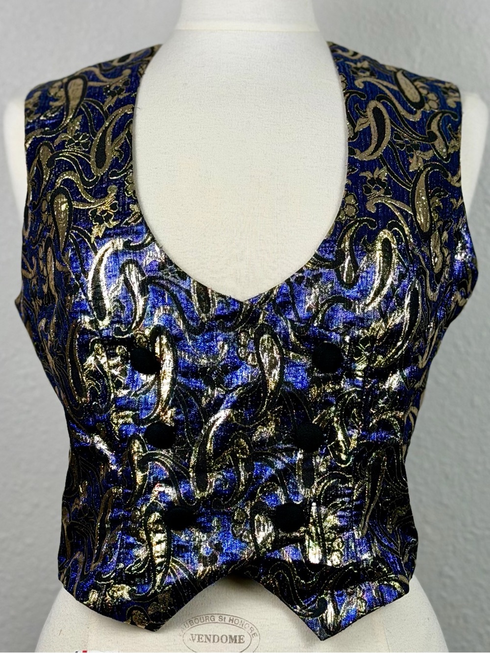 Vintage Hobby Horse Blue Gold Metallic Brocade Paisley Vest Women’s Medium USA